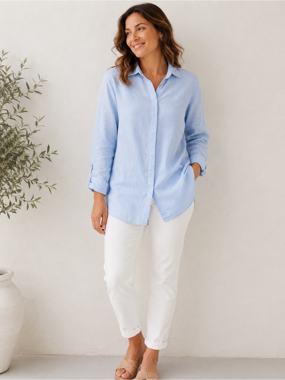 Tahari 100% Linen Light Blue Button-Front Tunic L